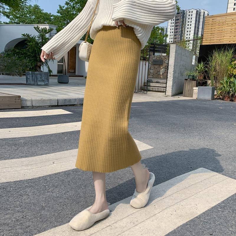 Autumn Winter Women's Knitted Half Skirt High Waist Midi Wool Versatile Split Bodycon Long Skirt to Match Sweaters