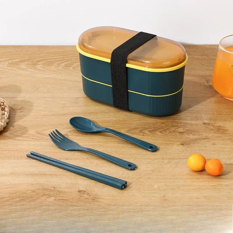 

Двухслойный портативный ланч-бокс с вилкой и ложкой, микроволновая печь, бенто-боксы, набор столовых приборов, контейнер для хранения продуктов