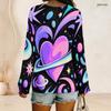Women Plus Size V Neck Long Sleeve Heart Print Top Curved Hem