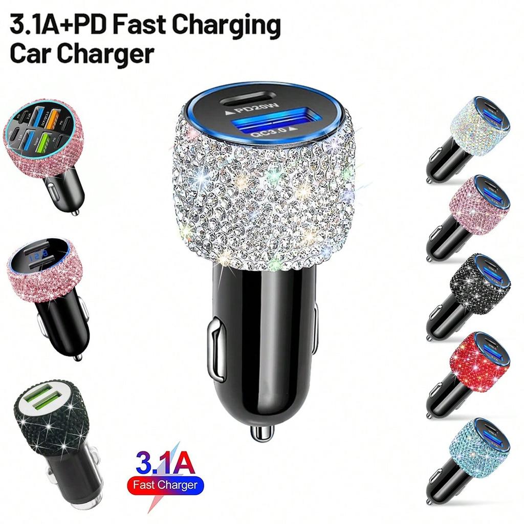 1pc Bling Bling Rhinestone Studded Car Charger, Fast Charging, USB A/C Car Phone Charger, Heart-Shaped LED Display Rhinestone Car Charger Adapter