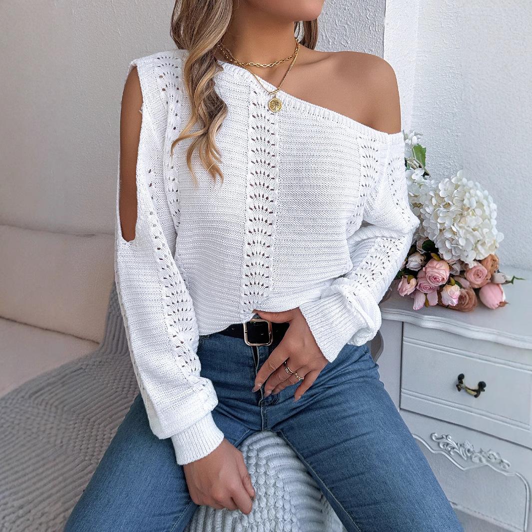 

HNXC Autumn and Winter Casual Solid Color Cut-out Off-the-shoulder Long-sleeved Pullover Sweater for Women S