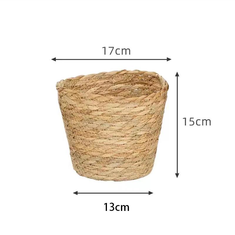 Handmade Straw Woven Flower Basket & Desktop Rattan Storage Ornament for Green Plants