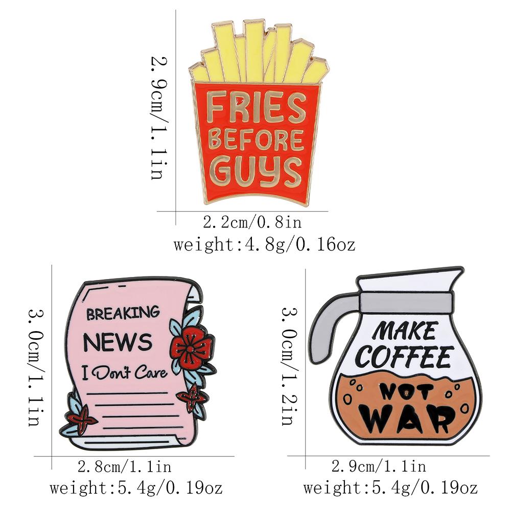Funny OL Coffee Break Theme Enamel Brooches Newspapers French Fries Make Coffee Not War Design Pins For Women Dress Badge