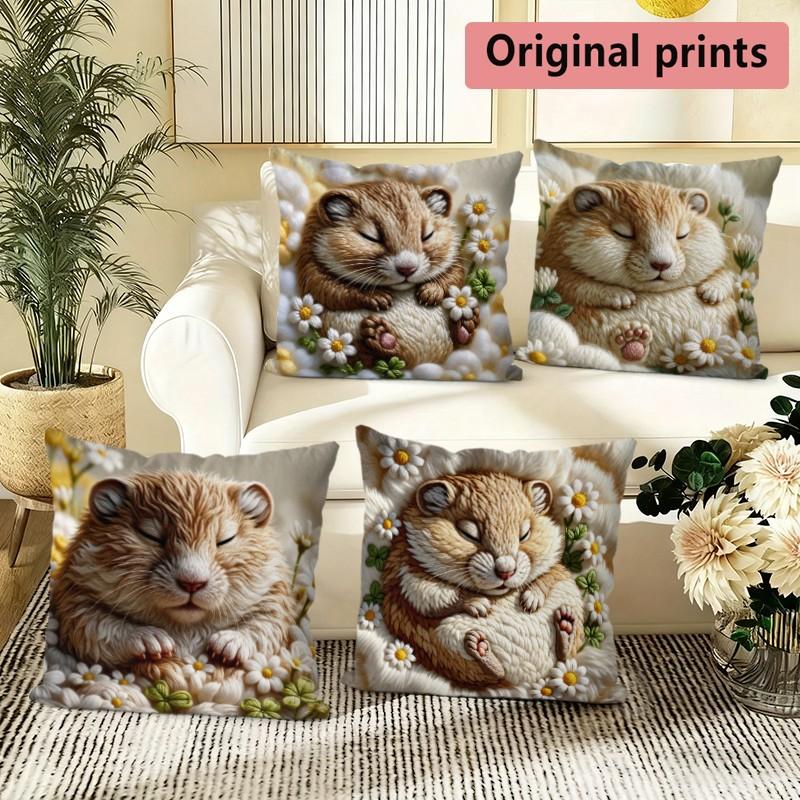 Cute Sleeping Hamster Daisy Pillow Covers Pattern Cushion Cover Suitable for Sofa Bedroom Car Pillow Cover
