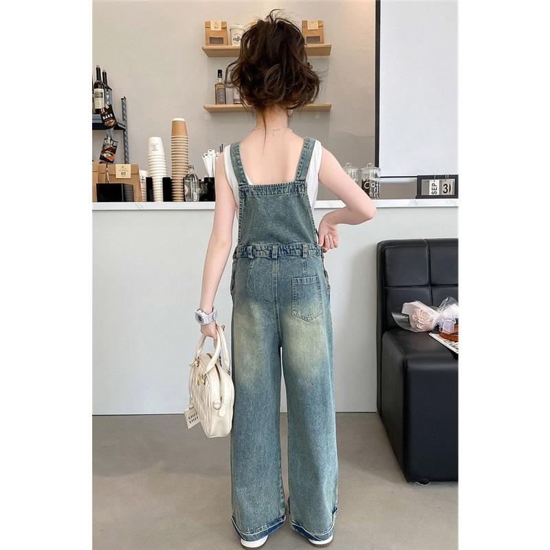  Kids Girls Denim Overalls Casual Wide Leg Star Embroidered Jumpsuit For Children