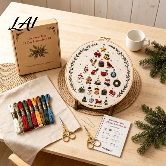 DIY Hand Embroidery Starter Kit 24 Days Christmas Tree Kit Sewing for Beginners Holiday Handmade Project Material Pack with Full Tools Ideal Gifts