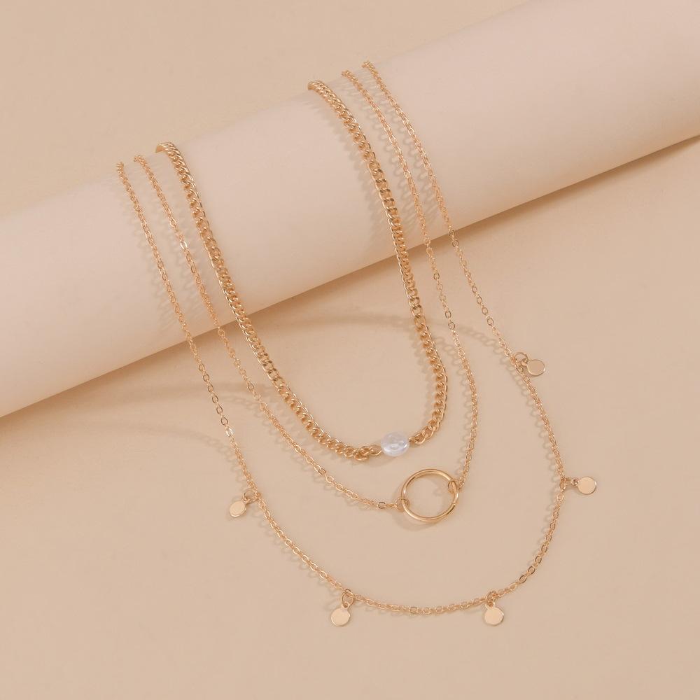 Europe, America, Europe and America Popular Geometric Circle Pearl Rhombus Fringed Women's Multi-layer Metal Necklace