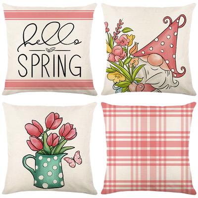 Pink Plaid Printed Pillow Cover Spring Plant Flowers Polyester Letters Home Bedroom Cushion