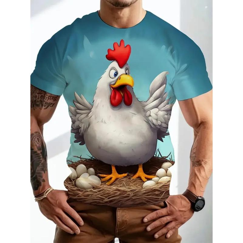 Summer Round Neck Colorful Rooster Graphic 3D Print Top Fashionable Casual Short Sleeved Men's T-shirts