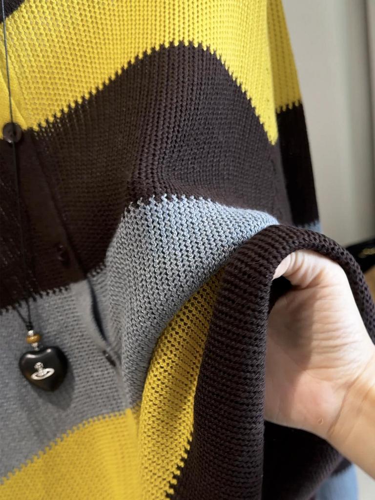 Women's Retro Hong Kong Color Block Striped Sweater: Cozy Autumn/Winter Knitted Cardigan
