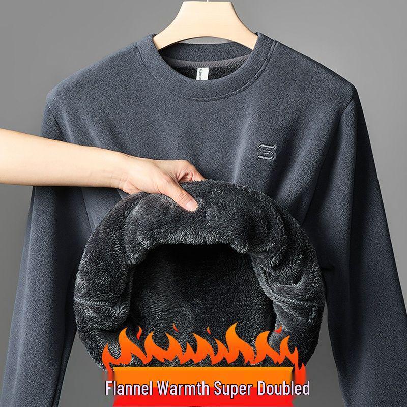 Men's Sherpa Fleece-Lined Sweatshirt: Thick, Warm, Round Neck Flannel Casual Top for Autumn and Winter