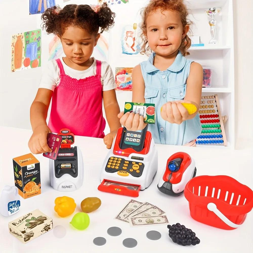 33PCS Toy Cash Register for Kids with Checkout Scanner Fruit Card Reader Credit Card Machine Play Money Food Shopping Play Set