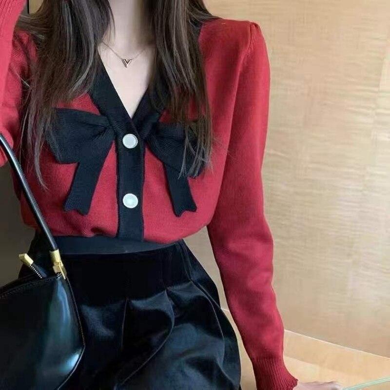

Короткий корейский кардиган с бантом, свитер с v-образным вырезом, женский весенне-осенний повседневный вязаный кардиган с длинным рукавом, свитер с длинным рукавом, топ One Size красный