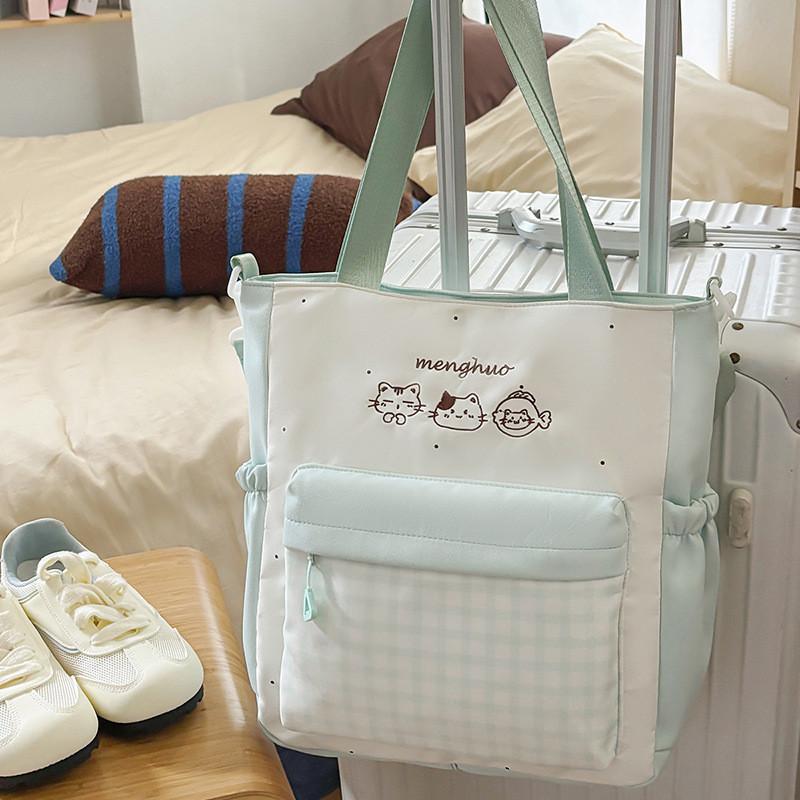 Grid Cat Fashion Embroidery Pattern Unisex Nylon School Backpack For Daily Use