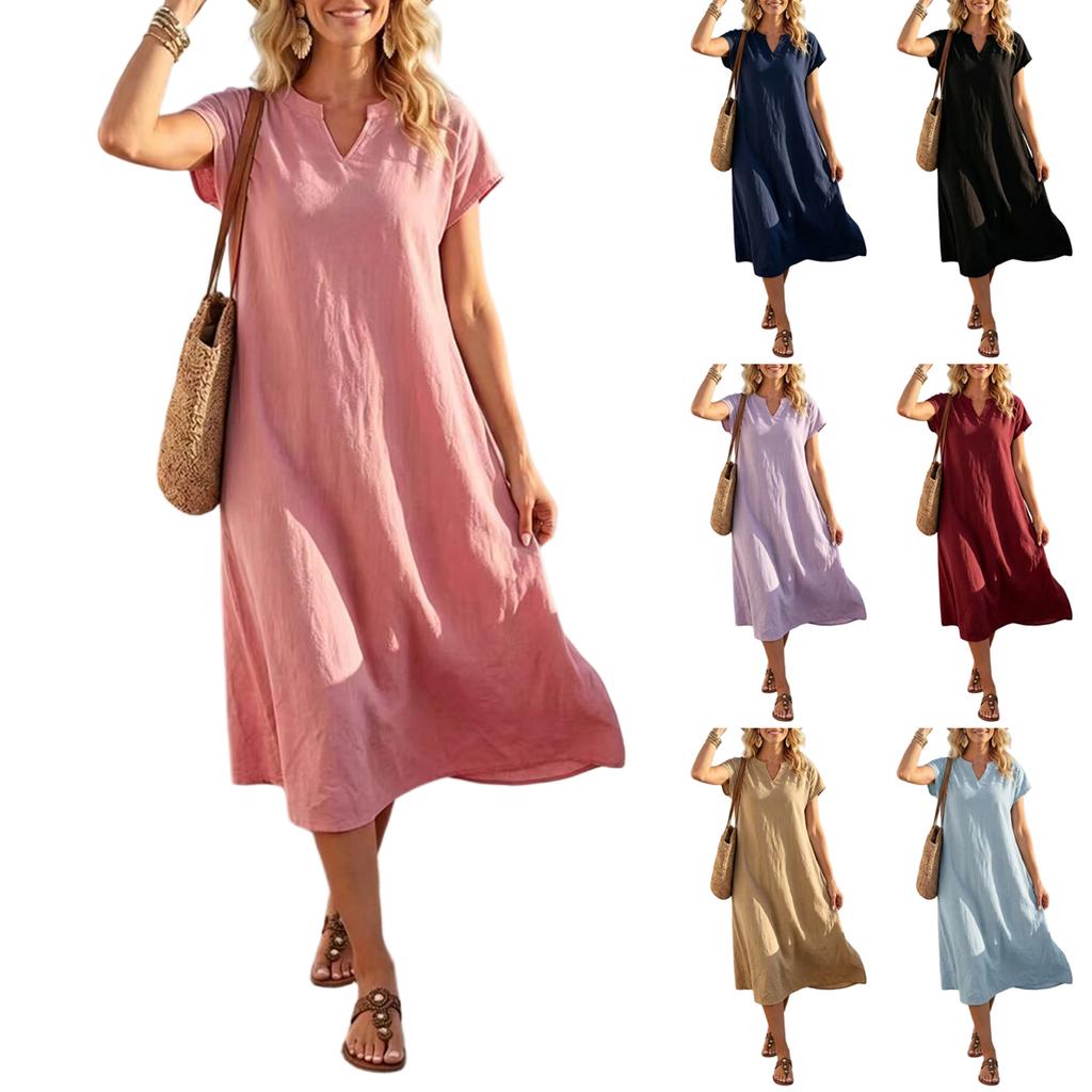 Women V Neck Short Sleeve Loose Fit Casual Dress Lightweight Solid Relaxed Midi Dress for Daily Wear Travel Office