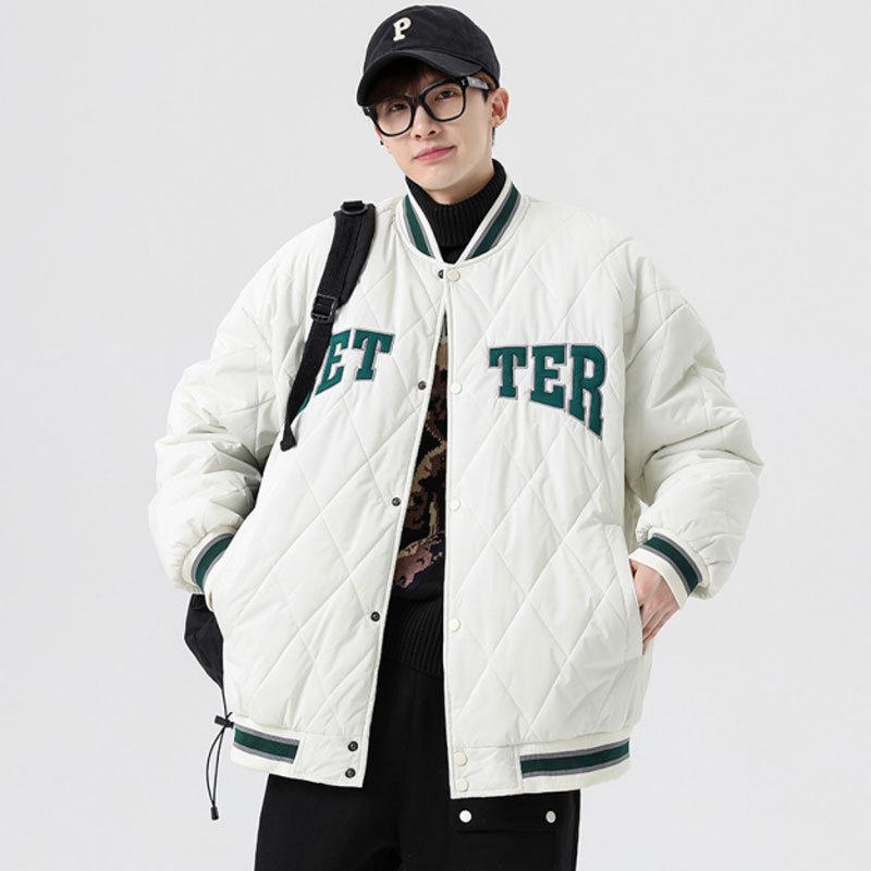 

Autumn and winter men s baseball cotton-padded clothes trendy short cotton-padded jackets piled and thickened rhombus lamb wool cotton-padded jackets XXL