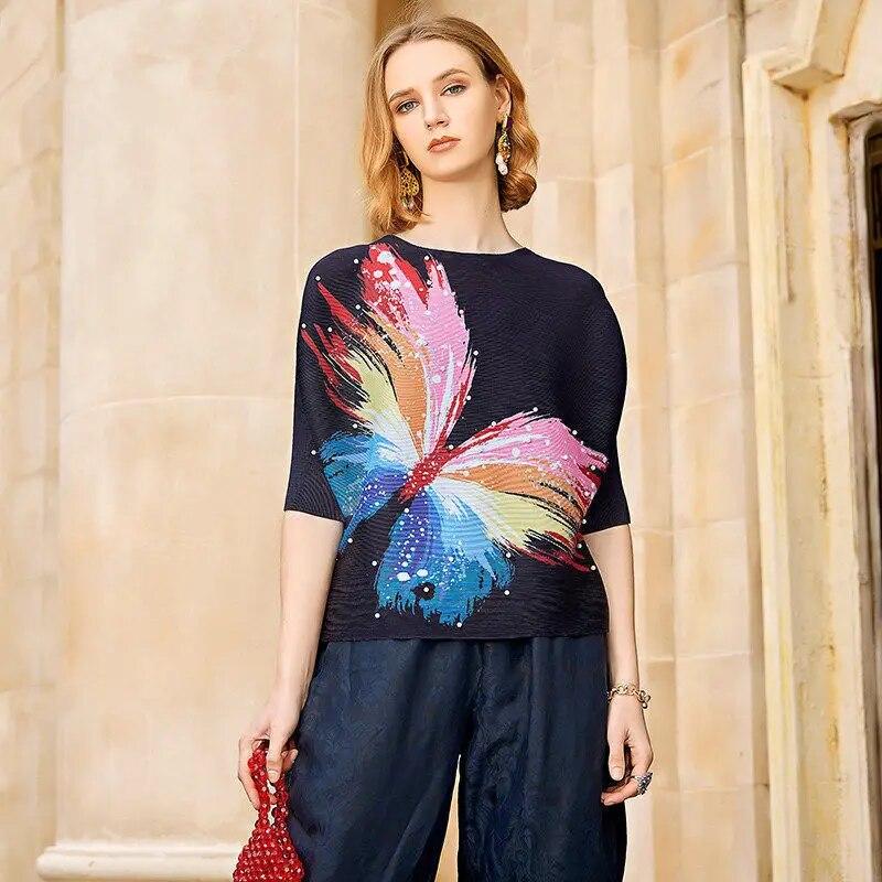 

Футболка с плиссированным верхом и цветными рукавами с пятью точками, весенне-летняя футболка с круглым вырезом, возрастная футболка в западном стиле с принтом бабочки XXXL чёрный