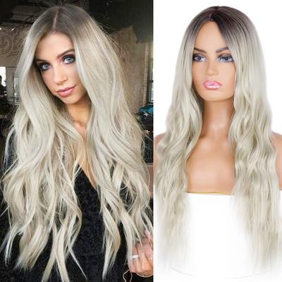 Lange wasserwellige blonde Perücke, platinblonde synthetische Perücken für afroamerikanische Frauen, zweifarbige natürliche Mittelteil-Perücke