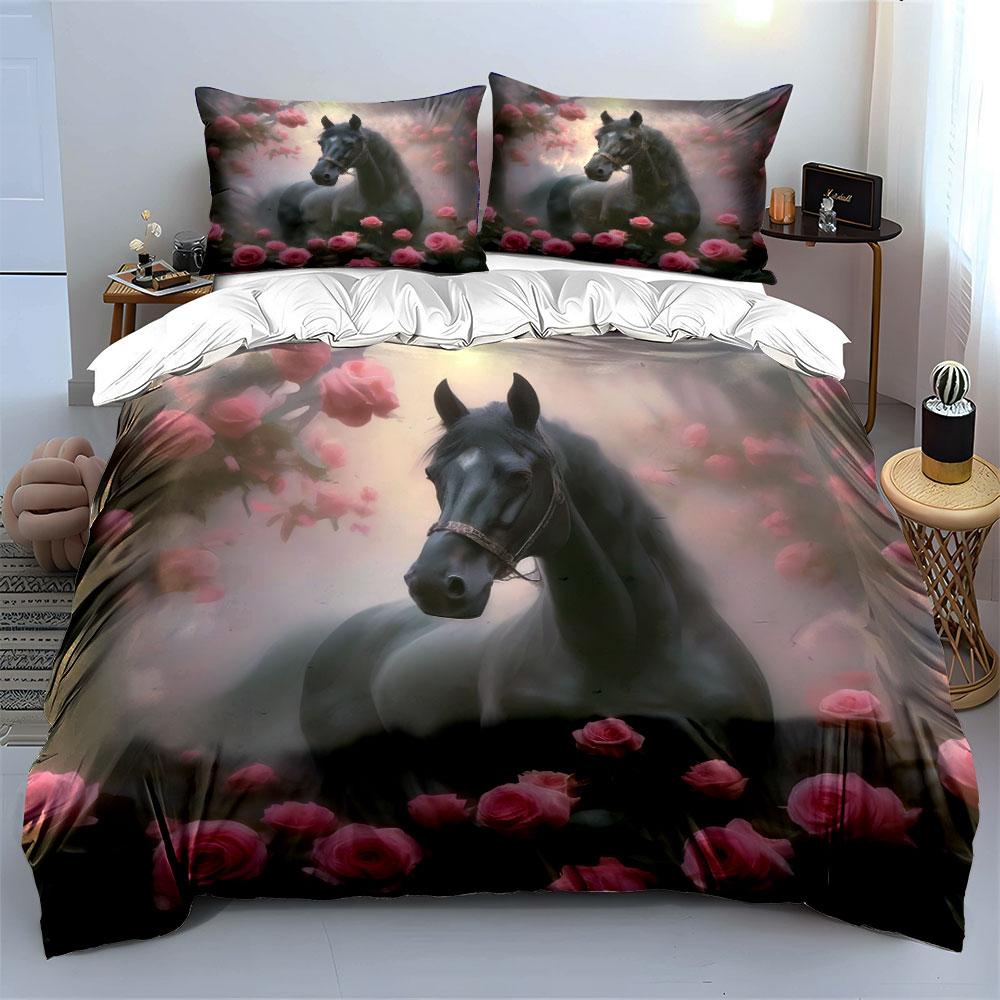 "Elegant Horse Rose Decor Set" Bedding Set with 1 Duvet Cover 2 Pillowcases Single Double King Queen Gift
