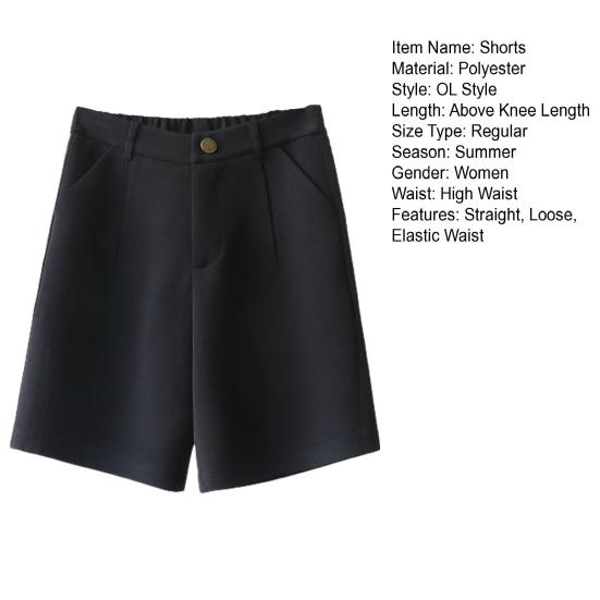 Women Summer Shorts High Waist Suit Shorts Straight Loose Thin Elastic Waist Above Knee Length Pockets Soft OL Style Formal Business Shorts