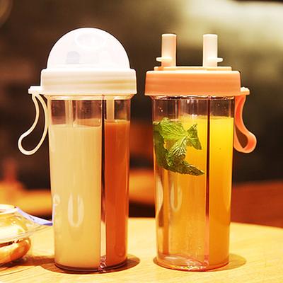 420/600ml Portable Dual Straw Separate Drink Water Beverage Bottle Couples Gift