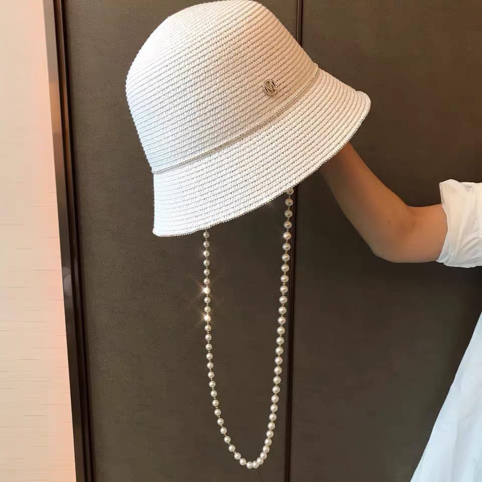 Summer Pearl Chain Bucket Basin Hat Outdoor Travel Anti-Sun Cover Face Straw Bucket Hat Women'S Diamond Sun Hat