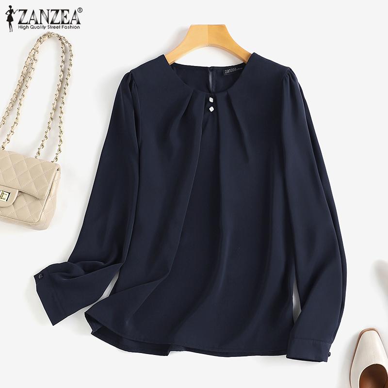 

ZANZEA Женская повседневная летняя блузка с круглым вырезом и длинными рукавами
