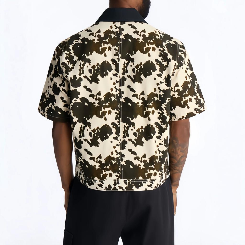 Men's Short-sleeved Shirt Loose Casual Lapel Tooling Leather Jacket Summer Camouflage Top European and American Men's Clothing