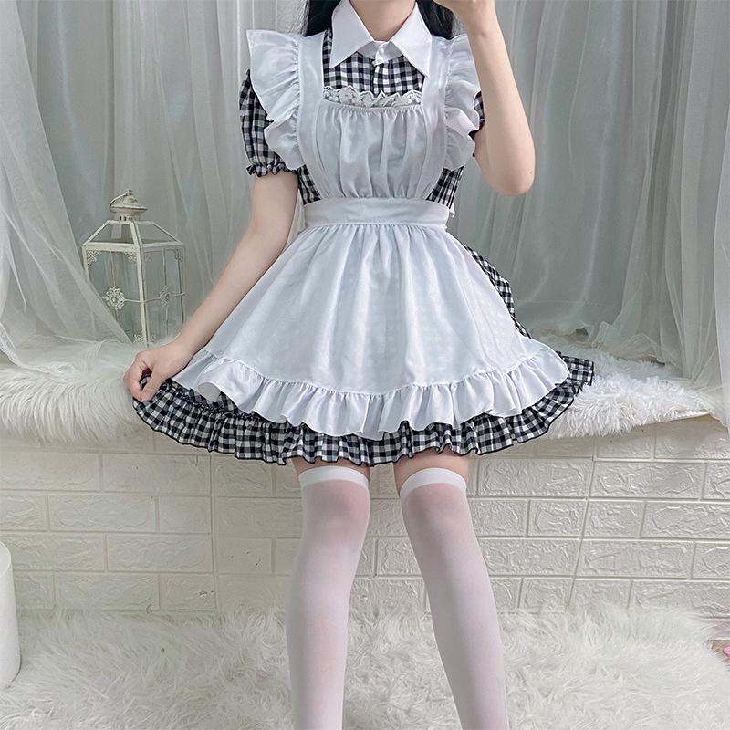Japanese anime maid outfit restaurant cafe plaid dress cosplay costume suit