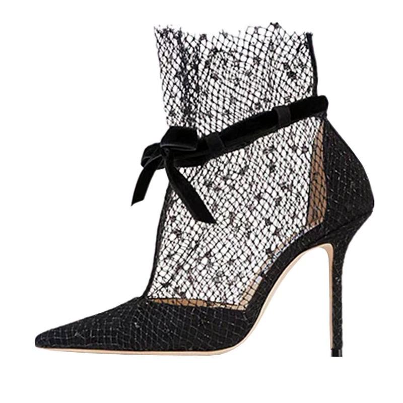 Fashion Sexy Pointed Toe Mesh Lace High Heels Women Summer Lace Up Breathable Dance Shoes Banquet Wedding Shoes Elegant Bow Women Pumps
