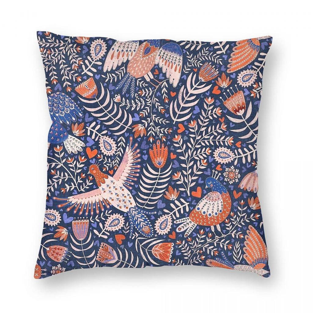 Swedish Birds Dark Blue Pillowcase Polyester Linen Velvet Pattern Zip Decor Sofa Cushion Case