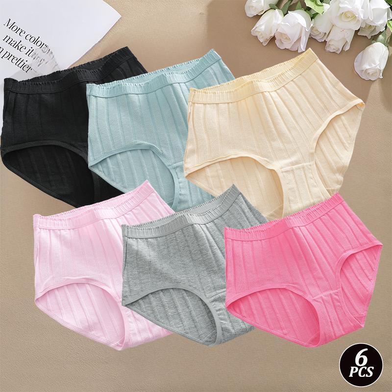 FINETOO 6PCS/SET Women Basic High Waist Striped Panties Cotton Breathable Daily Multi Color Set Butt Lifting Plus Size Comfort Underwear