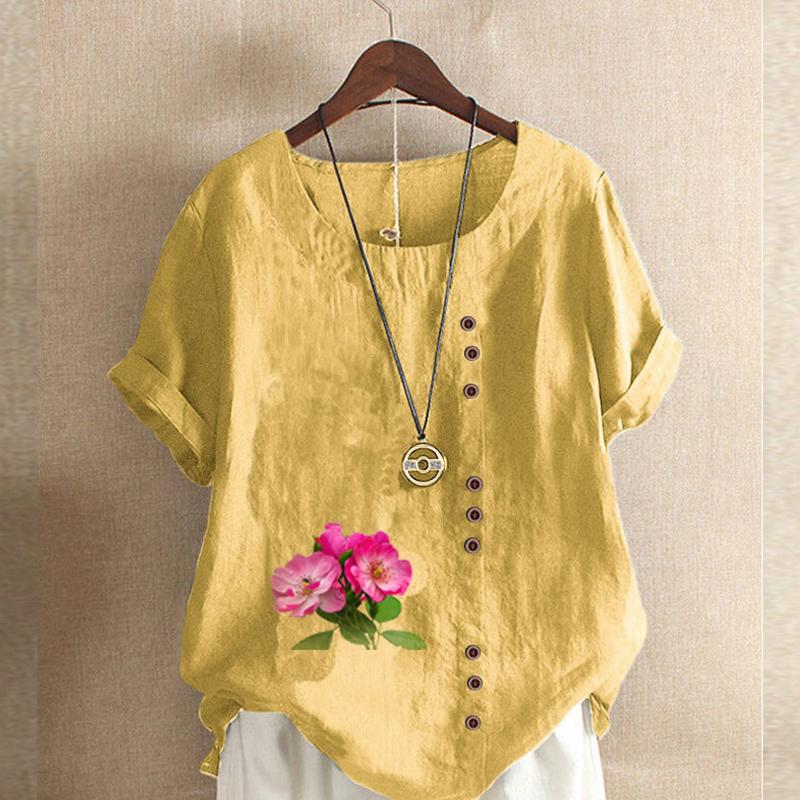 Women's Fashion Flowers Prined Round Neck Short Sleeve T-shirt Casual Cotton Linen Graphic Shirt Leisure Loose Summer Blouse Tops
