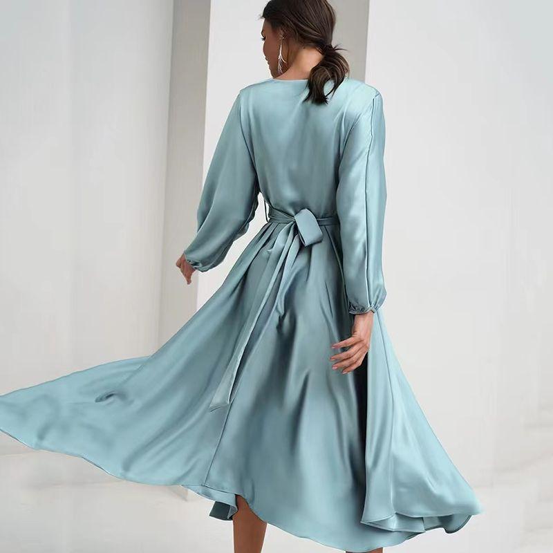 Fashion Wind New Arrival Dress Puff Sleeves Waist-Tight Temperament Long Dress V-Neck Bubble Sleeve Dress