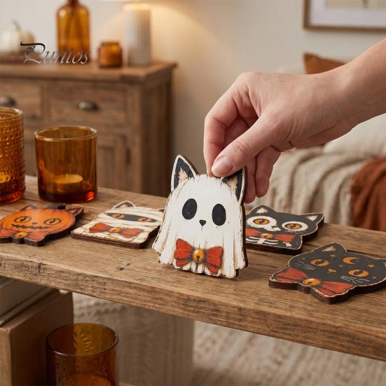 Fall Farmhouse Tabletop Centerpiece Vintage Halloween Wooden Decor, Cat Mummy Skeleton Figurines, Decorative Signs for Fireplace Shelf Mantel
