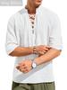 Men's Casual Lace-Up V-Neck Shirt 3/4 Roll-Up Sleeves Solid Color Loose Fit Linen-Like Top for Summer Beach Vacation Daily Trendy Wear