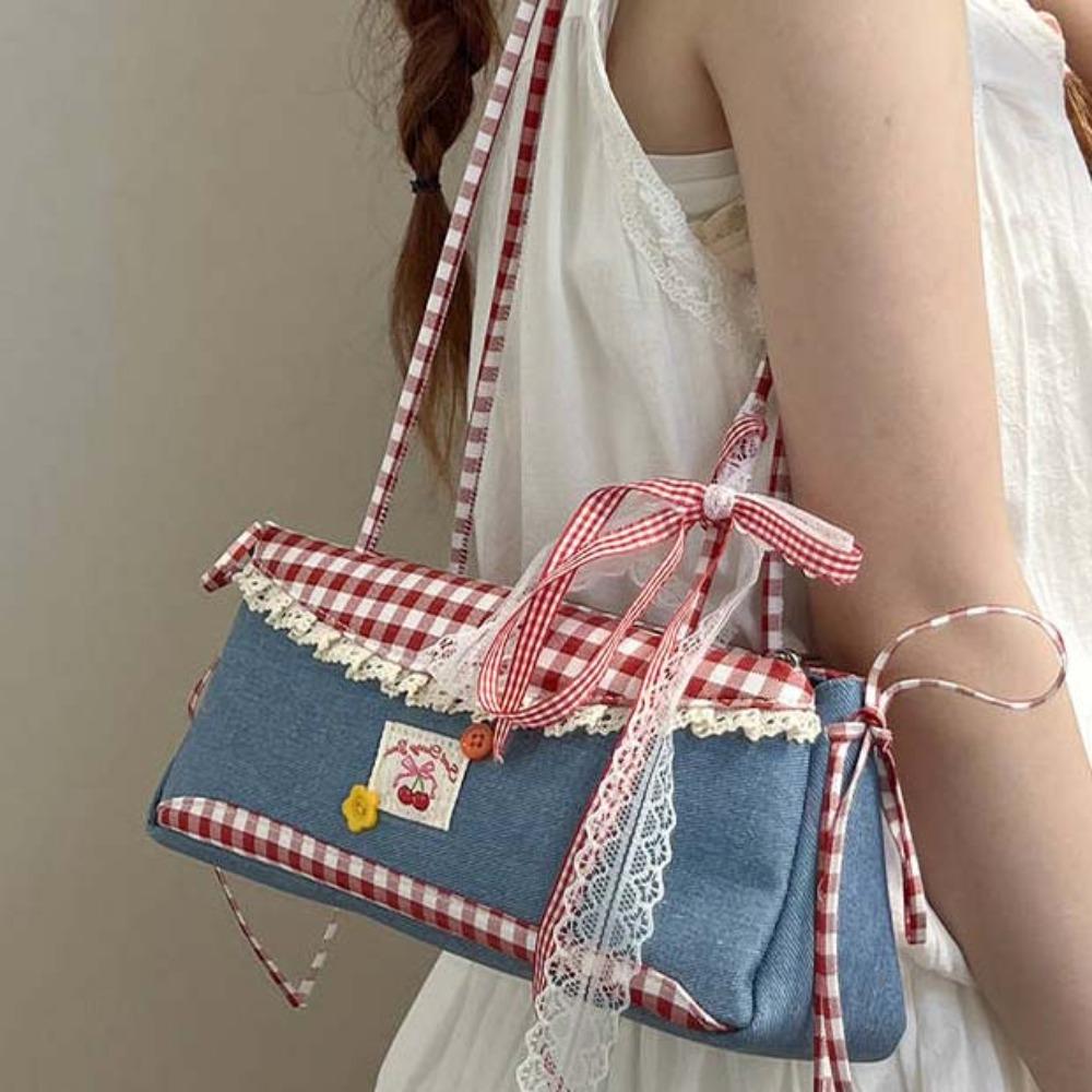 Denim Blue French Stick Handbag Sweet Cloth Underarm Bags Portable Plaid Shoulder Bag Daily