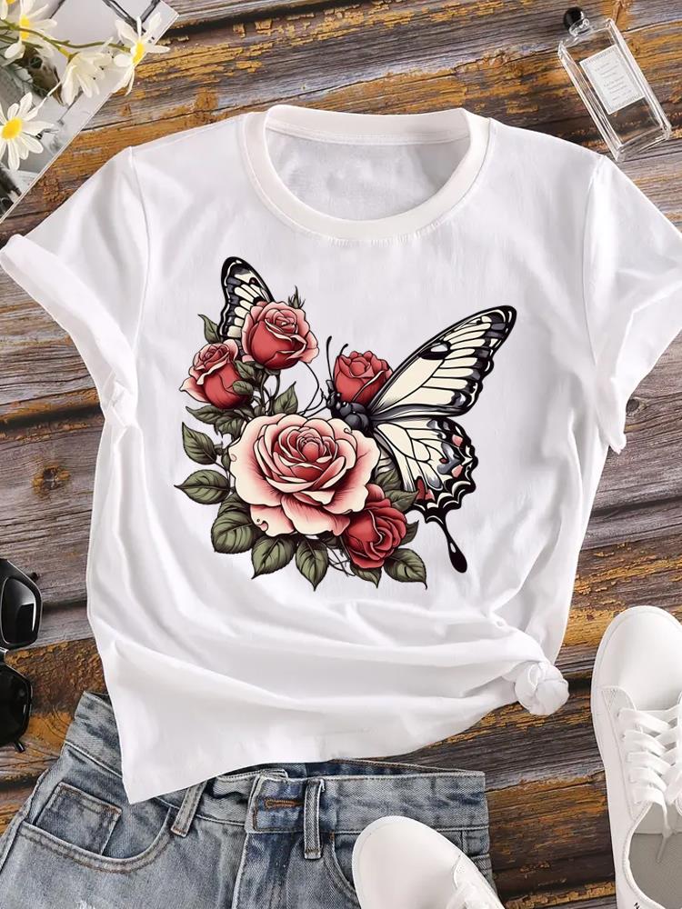 (Asian Size) Sweet Butterfly 90s Trend Printed Female Clothing Women Tee Lady  T Shirt  Casual Fashion Top Graphic Short Sleeve T-shirts