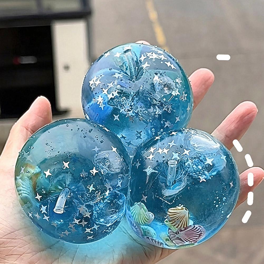 6cm Blaues Ozean Apfel Fidget Spielzeug TPR Sensorische Stressbewältigung Langsam Aufsteigend Glitzernde Muscheln Innen für Handübung Autismus ADHS Geschenk Präsent