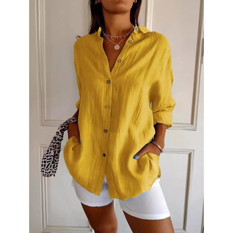 New Single-breasted Pleated Lapel Shirt Women's Solid-color Sleeved Top