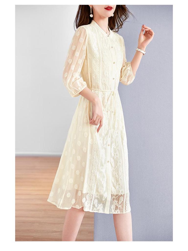 Women's Summer 2025 Slim Waist Embroidered Mulberry Silk Dress - Mid-Sleeve, Plus Size