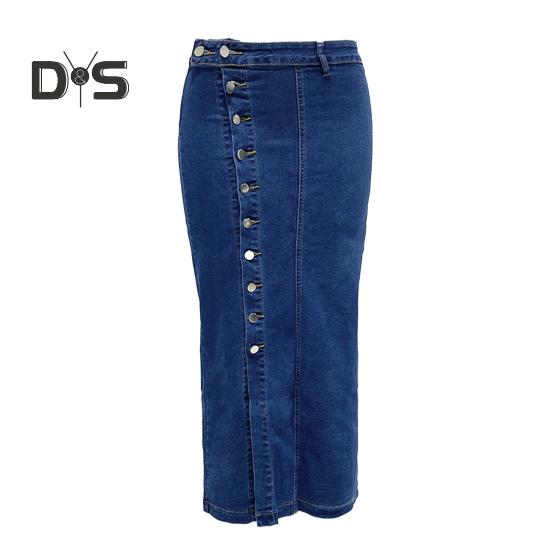 Women Denim Skirt High Waist Buttons Placket Solid Color Midi Skirt Irregular Slit Design Mid-calf Length Skirt