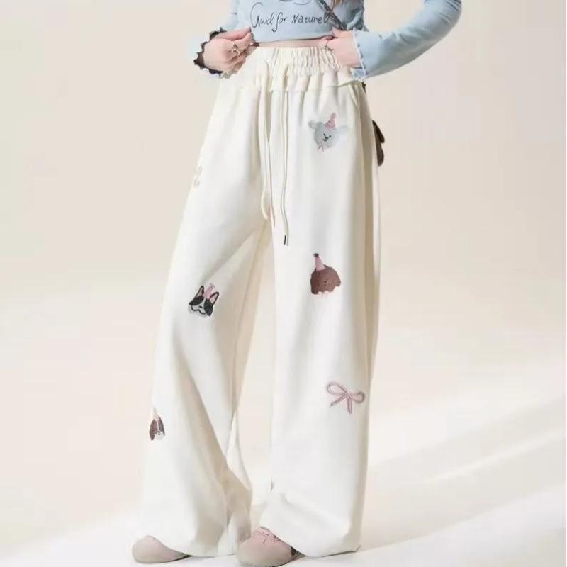 Princess Style Cartoon Embroidered Wide-Leg Drawstring Pants for Women