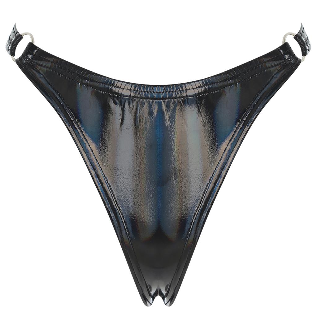 Womens Patent Leather Thong Underwear Elastic Waist O Ring Design Solid Color Glossy Briefs Nightclub Panties