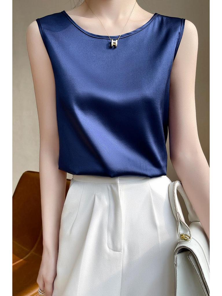 Women's Sleeveless Summer Silk Camisole - Loose Fit, Round Neck, Mulberry Silk Base Layer Top