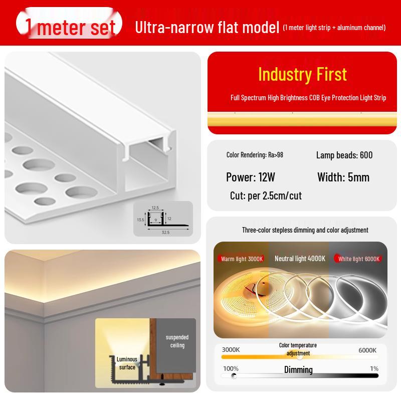 Single-Sided Upward-Emitting Recessed Linear Light - Double Eyelid Aluminum Channel