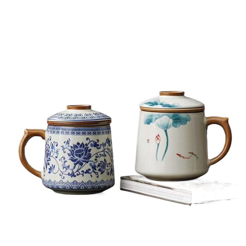 Blue and White Ceramic Office Mug with Tea and Water Separation, Large Capacity.