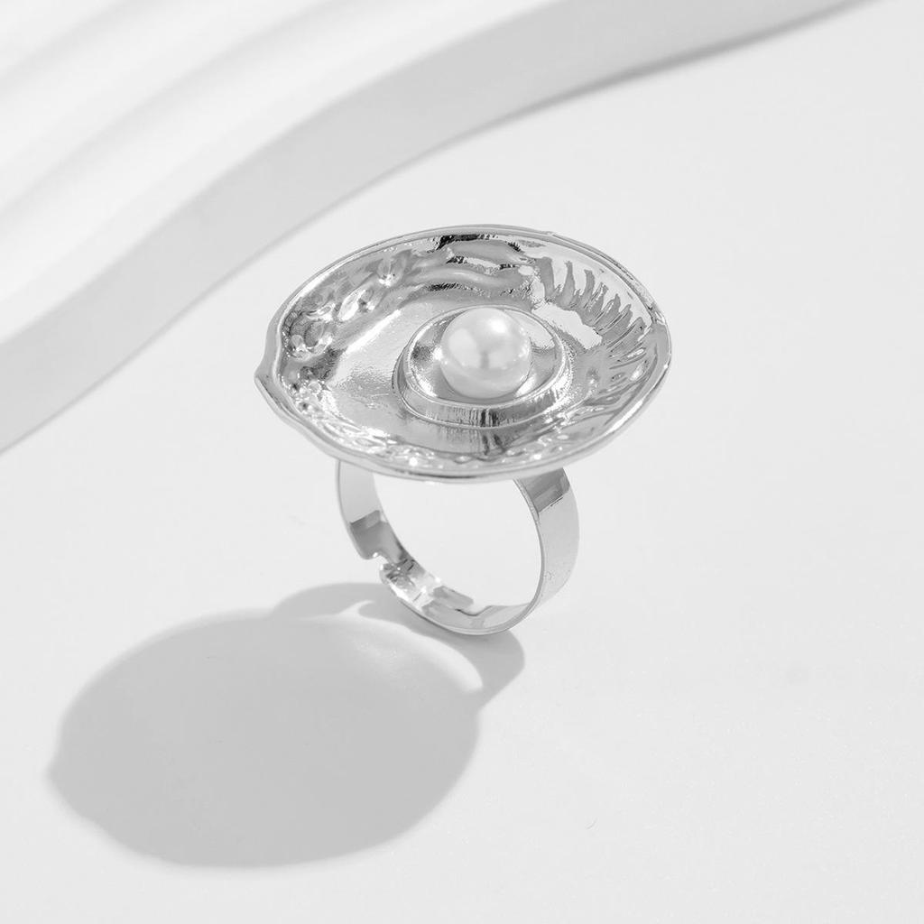 Opening Adjustable Pearl Flowers Rings Vintage Gold Silver Color Retro Exaggerated Metal Alloy Hollow Finger Ring for Women Geometric Jewelry Anillos