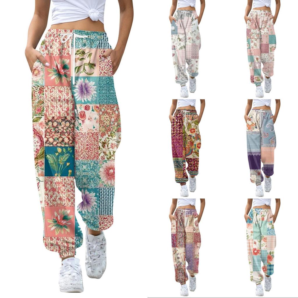 Women's Casual Patchwork Print Jogger Sweatpants with Drawstring Elastic Waist and Cuffed Leg