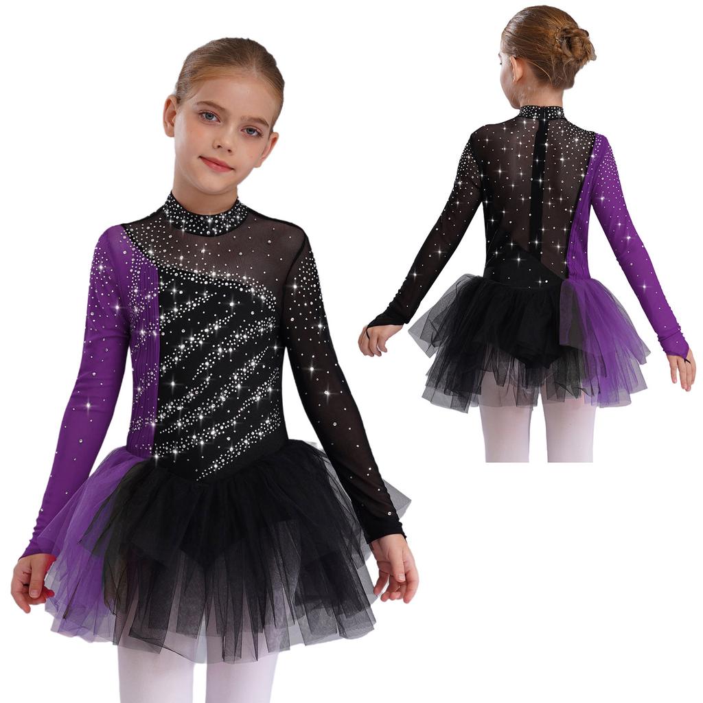 Girls Figure Skating Dress Long Sleeve Sparkling Rhinestones Color Block Patchwork Stage Performance